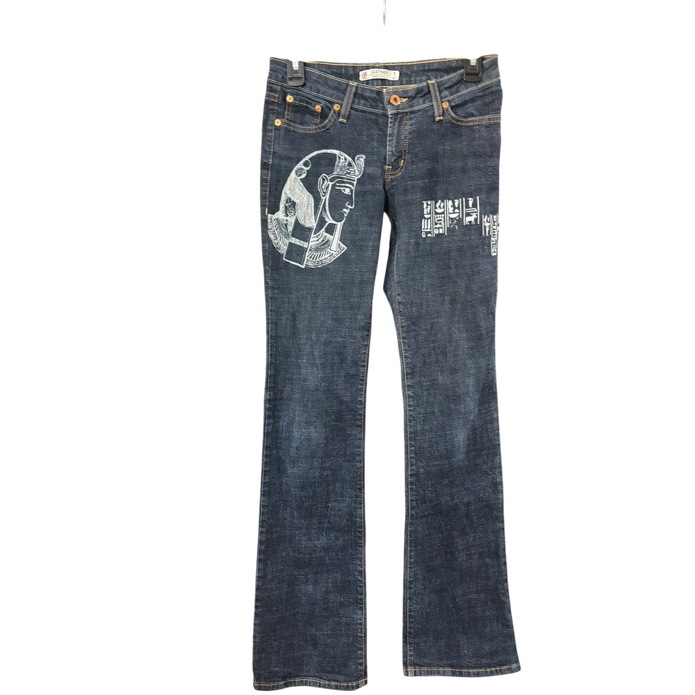 Gather Jeans Womens 7 Dark Wash Egyptian Pharaoh Hieroglyphic Bootcut Denim USA